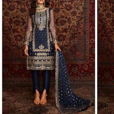 Navy Blue And Gold Embroidered Straight Suit Features A Net Kameez With Santoon Inner Alongside A Silk Bottom And Net Dupatta. Zari, Sequins And Stone Embellishments Are Used For The Embroidery Of This Style. Please Make A Reasonable Offer Blue And Gold Wedding Dress, Indian Suits For Women, Hawaiian Print Dress, French Terry Dress, Wedding Dresses Indian, Straight Suit, Combination Fashion, Gold Wedding Dress, Churidar Suits