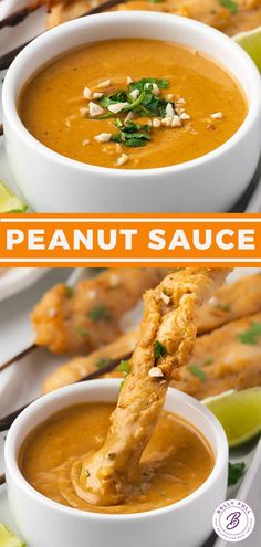 two white bowls filled with peanut sauce on top of a table next to lime wedges