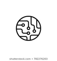 a black and white line drawing of a circuit board in a round shape on a white background