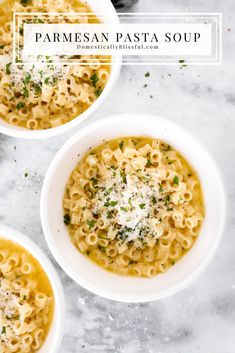 three bowls of parmesan pasta soup on a marble table with the title above it