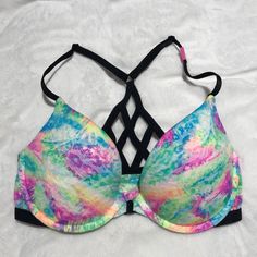 Brand New, Never Worn Push-Up Bra Rainbow Lace Floral Print Clasps In The Front, Cage Detailing In The Back Size 32d Stretch Multicolor Bra, Pink Strapped Swimwear For Spring, Pink Swimwear With Straps For Spring, Multicolor Push-up Bra For Summer, Comfortable T-back Bra In Pink, Pink Push-up Bra For Beach, Pink T-back Bra, Spring Beach Push-up Bra, Multicolor Beach Bra For Spring