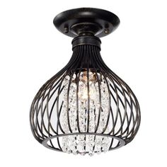 a black ceiling light with crystal beads hanging from it's caged wire design