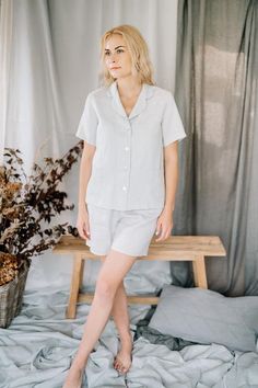 MsWrinkle’s clothing – from human to human.  100% handmade.*Description*- Set of linen pajamas;- Simple and comfortable shorts with elastic waist;- Collared short sleeve top with mother of pearl buttons and pockets;- High quality European linen;- Washed and softened (doesn't shrink anymore);- Light weight linen (150 g/m2);- Our linen is OEKO-TEX certified that meets human ecological safety requirements;- Not ironed and we suggest to use tumble dryer to keep soft and naturally wrinkled look.*Size Linen Loungewear Set, Linen Sleepwear, Summer Pjs, Linen Slip Dress, Kimono Sleeve Dress, Linen Pajamas, Comfortable Shorts, Linen Loungewear, Summer Linen Dresses