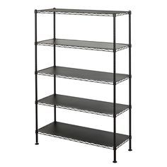 four tiered shelving unit with black shelves on each side and one shelf below