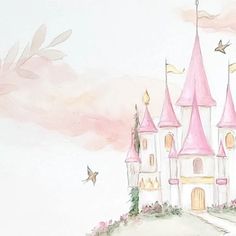 a painting of a castle with pink turrets