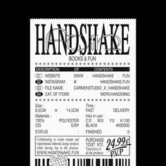 a black and white ticket for handshake books & fun, with an image of a barcode