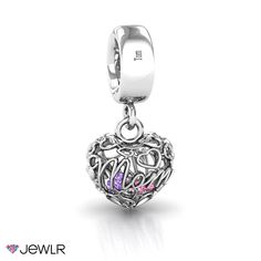 What mother wouldn't love a stunning charm to wear that holds the birthstones of all of her children? Wherever a mother wearing this charm goes, her babies will be with her. The gorgeous heart shaped charm featuring the word "mom" in cursive writing holds up to 4 dazzling birthstones and keeps them safe and protected as they shine through. Sterling Silver Dangling Charms Jewelry For Mother's Day, Mother's Day Sterling Silver Jewelry With Dangling Charms, Sterling Silver Jewelry With Dangling Charms For Anniversary, Anniversary White Gold Jewelry With Dangling Charms, Dangling Charms Jewelry For Valentine's Anniversary, Sterling Silver Jewelry With Removable Charms For Mother's Day, Mother's Day Birthstone Charms For Gifts, Mother's Day Birthstone Charms Gift, Mother's Day Gift Charms With Birthstone