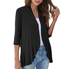 Black 3/4 Sleeve Ruffle Detail Cardigan Top Cardigan Top, Top Women, Women Tops, Navy Blue, Womens Tops, Tops & Tees, Navy, Blue, Black