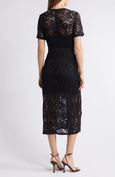 Ready for celebratory outings, this all-lace dress is designed in a fitted silhouette and lined only where it needs to be. 46" length (size 8) Hidden back-zip closure V-neck Short sleeves Front flap-patch pockets Partially lined 94% nylon, 6% spandex Dry clean Imported Knee-length Stretch Lace Midi Dress, Black Midi-length Lace Dress For Spring, Black Lace Dress With Lace Trim, Knee-length, Black Lace Knee-length Midi Dress, Black Lace V-neck Midi Dress, Lace Sheath Dress, Fabric Gift Bags, Nordstrom Store, Free Fabric