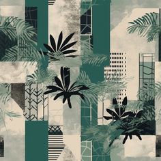 a green and white wallpaper with palm trees, plants, and geometric shapes on it