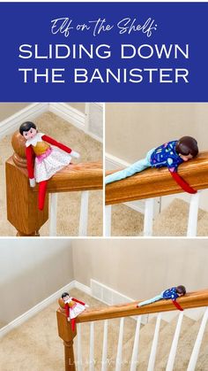 Our elves were having fun today sliding down the banister of our stairs. They looked like they were having a great time. Here how our elves set up this Elf on the Shelf: Sliding Down the Banister scene. Favorite Pins, Having Fun, Stairs, Christmas Decorations