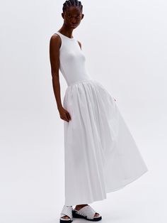 Cotton Tank Dress, White Chic Sleeveless Elastane Maxi Dress, Elegant Elastane Dresses For Daywear, Sleeveless Maxi Dress With Flattering Silhouette For Summer, Elastane Stretch Dress For Daywear, Stretch Elastane Dresses For Daywear, Stretch Elastane Dress For Daywear, Summer Stretch Sleeveless Midi Dress, Stretch Midi Dress For Summer Daywear, White Sleeveless Dress With Flattering Silhouette