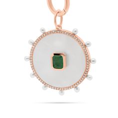 A vibrant emerald and luminous slice of mother of pearl make this charm a standout piece. A frame of glittering diamonds and lustrous pearls enhances its shine and completes the intricate composition. - 14K gold weighing 2.99 grams - 0.49 ct emerald - 74 round diamonds totaling 0.15 carats Available in yellow, white, and rose gold. This listing is for the charm only, chain is not included. Please allow 4-6 weeks for delivery if item is not in stock. Item no. P00053EM White Emerald Jewelry With Diamond Accents, Luxury Pearl Charm Jewelry Made Of Mother Of Pearl, Luxury Pearl Charm Jewelry In Mother Of Pearl, Luxury Green Jewelry With Pearl Drop, Luxury High Luster Mother Of Pearl Jewelry, White Gold Mother Of Pearl Gemstone Jewelry, White Gold Gemstone Jewelry With Mother Of Pearl, Pearl Medallion Pendant Jewelry In Mother Of Pearl, Pearl Pendant Medallion Jewelry In Mother Of Pearl