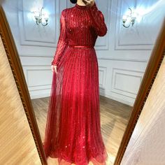 Burgundy Glamour: 2024 A-Line Muslim Evening Gown with Sparkling Beading and Long Sleeves Formal Parties, Rich Burgundy, Evening Dress Fashion, Beaded Gown, Women Formals, Burgundy Color, Beaded Dress, Ladies Party, Tulle Dress