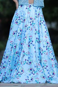 Blue attached cancan lehenga with floral print. Paired with padded pleated top and an embroidered organza jacket. - Aza Fashions Fitted Maxi Length Lehenga For Spring, Spring Fitted Maxi Lehenga, Spring Fitted Maxi Length Lehenga, Blue Lehenga For Spring Party, Blue Fitted Maxi Length Lehenga, Elegant Spring Lehenga Long Skirt, Elegant Long Skirt Lehenga For Spring, Spring Blue Fitted Lehenga, Elegant Spring Lehenga