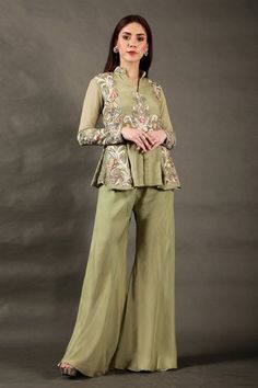 Shop for OMANA BY RANJANA BOTHRA Mayoor Embroidered Jacket And Bell Bottom Pant Set for Women Online at Aza Fashions Patiala Suit Designs, Pant Set For Women, Peplum Styles, Indian Fashion Designers, Bell Bottom Pants, Suit Designs, Satin Skirt, Embroidered Jacket, Bell Bottom