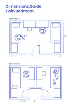 the floor plan for a bedroom with two beds and one sitting area in blue ink