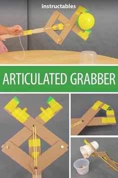 an articulated grabber made out of cardboard and construction paper is shown with instructions to make it