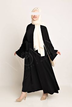 Amal Abaya Set - Coal - Momina Hijabs & Modestwear ™ Hijab Colors, Jersey Hijab, Bamboo Shades, Black Two Piece, Relaxed Style, Autumn Summer, Silk Satin, Front Open, 2 Piece