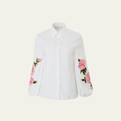 Carolina Herrera blouse with floral embroidery Point collar; button front Long Sleeves; button cuffs Relaxed fit Back yoke Cotton/polyurethane Imported Spring Bishop Sleeve Blouse With Button Cuffs, Feminine Floral Embroidered Blouse With Collar, Chic Long Sleeve Tops With Embroidered Cuffs, Long Sleeve Blouse With Embroidered Cuffs, Designer Button-up Tops For Spring, Formal Long Sleeve Blouse With Embroidered Cuffs, Workwear Blouse With Embroidered Cuffs, Embroidered Cuffs Blouse For Workwear, Chic Long Sleeve Blouse With Embroidered Cuffs