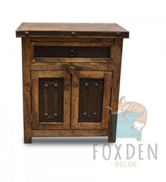 a wooden cabinet with two doors and drawers