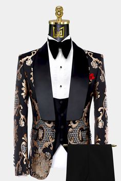 Champagne and Black Tuxedo | Gentleman's Guru Elegant Tuxedo For Black-tie Festive Events, Unique Tuxedo Men, Festive Fitted Tuxedo For Black-tie Events, Formal Fitted Gold Sets, Gold Fitted Formal Sets, Black Sets For Black-tie Festive Events, Luxury Three-piece Suit For Party, Formal Gold Tuxedo Sets, Fitted Gold Tuxedo Style Sets