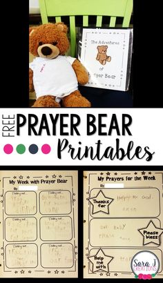 a teddy bear sitting in a chair with the words prayer bear printables on it