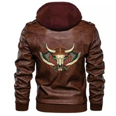 Viking A Yak Skull And Equipment Zipper Leather JacketMaterial: PU Leather Awaken your independence with this symbol of rugged modernity The soft jersey hood compliments the durable body of the jacket This premium jacket features a chest flap pocket with snap, zippered chest pockets, a symmetric zippered closure, and an inner quilted viscose lining Our premium crafted products are renowned for their signature durability and ability to look good over time. Hooded Leather Jacket For Outdoor Fall, Brown Hooded Leather Jacket For Outdoor, Brown Hooded Biker Jacket With Pockets, Casual Brown Hooded Biker Jacket, Biker Style Hooded Outerwear With Zipper, Outdoor Leather Jacket With Detachable Hood, Biker Outerwear With Zipper Closure And Hood, Hooded Winter Biker Jacket For Outdoor, Hooded Biker Jacket For Winter Outdoor