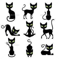 black cat silhouettes with green eyes and tails - miscellaneous objects / artsy illustrations