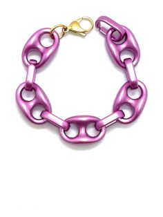 Lavender Guzzi Bulky Bracelet - Bulky Guzzi Links Plastic Bracelets - Matte finish - Bright Lavender Magenta and Golden oxide color links - Length: 7.5”, 8”, 8.5” Pink Chain Bracelet With Lobster Clasp, Purple Metal Bracelets For Party, Adjustable Purple Chain Bracelet, Purple Metal Bracelet For Party, Plastic Bracelets, Online Jewelry Store, Lavender, Handmade Jewelry, Online Store