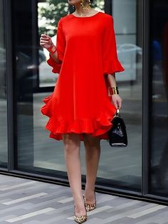 Fashion Elegant Style bestsellers Online Shopping | stylewe Streetwear Dress, Flare Sleeve Dress, Looks Party, Half Sleeve Dresses, Crewneck Dress, Chiffon Ruffle, Red Midi Dress, Solid Dress, Streetwear Women