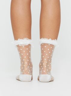 Sheer socks  Polka dot print, frill cuff  100% nylon Knee High Socks Outfit, High Socks Outfits, Frill Socks, Socks Outfit, Sock Outfits, Sheer Socks, Sweetheart Prom Dress, Formal Cocktail Dress, Sequin Prom Dresses