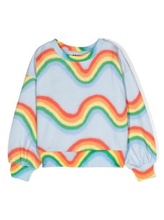 sky blue/multicolour organic cotton jersey texture rainbow print mini logo tag crew neck drop shoulder long sleeves ribbed cuffs and hem French terry lining Pastel Rainbow Sweater, Rainbow Hoodie, Blue Rainbow Print Crew Neck Top, Rainbow Cotton Hooded Hoodie, Rainbow Long-sleeve Winter Hoodie, Mini Logos, Boys Hoodies, Rainbow Print, Boys Top