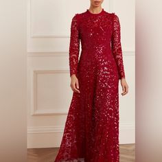 Brand New Needle And Thread Dress Holiday Long Sleeve Midi Dress For Gala, Long Sleeve Midi Dress For Gala And Holiday, Red Dress For Fall Gala, Red Dresses For Fall Gala, Festive Red Long Sleeve Maxi Dress, Red Carpet Long Sleeve Evening Dress, Glamorous Long Sleeve Dress For Red Carpet, Red Midi Dress For Wedding And Holiday, Festive Burgundy Party Dress