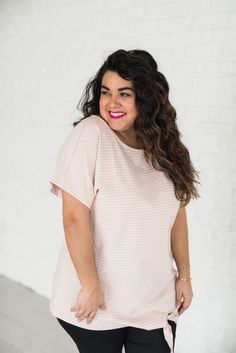 Stripe Tie Hem Tunic - Blush #tunic #summer #fashion #ad #summerfashion #plus size Open Shoulder Tops, Summer Fashion, Blush