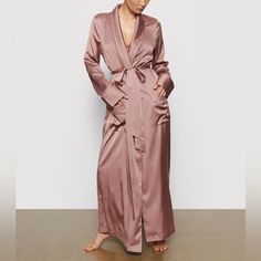 Long Sleeve Stretch Silk Satin Robe In Rose Shawl Collar Self-Tie Fastening Patch Pockets At Waist. 95% Silk 5% Spandex Nwt Silk Pj Set, Silk Robe Long, Silk Robe, Size 16 Dresses, Xl Dress, Your Skin, Women's Intimates, Duster Coat, Full Length