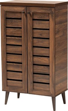 a wooden cabinet with shutters on the front and bottom, in dark brown wood