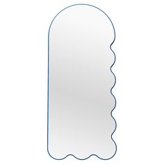 an empty bottle shaped mirror on a white background with blue trimming around the edges