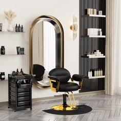 a black and yellow chair sitting in front of a mirror next to a hair dresser