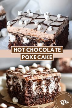 two pictures of chocolate poke cake with marshmallows on the top and bottom