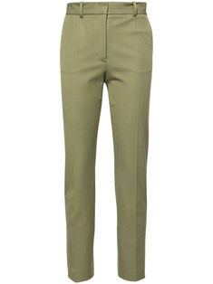 asparagus green stretch-cotton tailored design pressed crease high-waisted belt loops concealed front button, hook and zip fastening two side slash pockets two rear welt pockets straight leg cropped leg