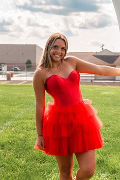 Sweetheart Red Layered A-line Short Dress Hot Pink Prom Dresses, Strapless Homecoming Dresses, Layered Ruffle Skirt, Ruffle Prom Dress, One Shoulder Prom Dress, Black And Blue Dress, Satin Homecoming Dress, Tulle Homecoming Dress, Junior Prom Dresses