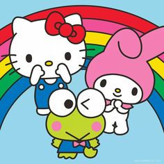 hello kitty and frog standing in front of a rainbow with two other characters on it