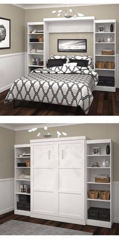 two pictures of a bedroom with white furniture and wood flooring, one is empty