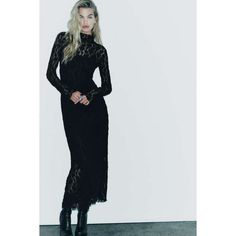 High Collar Midi Dress With Long Sleeves. Tonal Interior Lining. Back Hidden In-Seam Zip Closure. Long Dresses For Women, Black Lace Midi Dress, Women Long Sleeve Dress, Vestidos Vintage, Simple Fashion, Lace Midi, Sleeve Midi Dress, Daily Dress, Lace Midi Dress