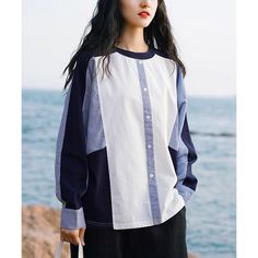 Z-282-12 Blue Cotton Splicing T-shirt, Cotton Color Block Long Sleeve Blouse, Casual Patchwork Tops For Work, White Long Sleeve T-shirt With Splicing, Blue Patchwork Crew Neck Top, Relaxed Fit Cotton Tops With Contrast Color, Casual Long Sleeve Shirt With Contrast Color, Casual Oversized Top With Contrast Color, Cotton Tops With Contrast Color And Relaxed Fit