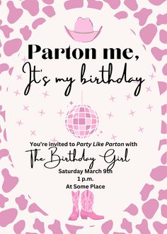 a pink and white birthday party flyer