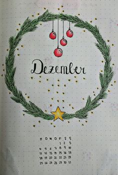 the december calendar is decorated with christmas decorations and stars, including baubles hanging from a wreath