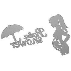 two metal cut outs with the words baby shower and a pregnant woman holding an umbrella