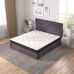 an image of a bedroom setting with the mattress on the floor and rug in front of it